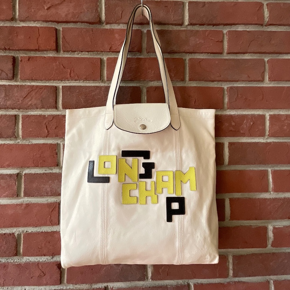 Longchamp Le Pliage LPG Limited Edition Rare Leather Tote Lettering Patch Logo
